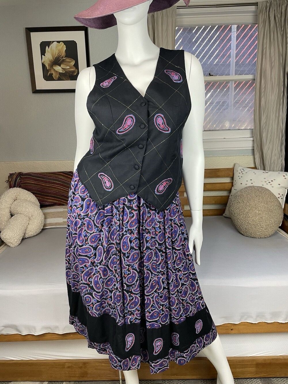 Passports Of Pier 1 Imports Sm Skirt Med Vest Suit Women’s Black Purple 2 Pc Vtg